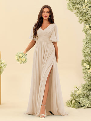 half sleeve bridesmaid dresses Stretch Satin V-Neck Half Sleeves Bridesmaid Dress| Plus Size