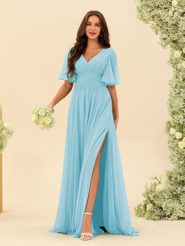 A-Line V-Neck Half Sleeves Split Side Chiffon Bridesmaid Dresses With Pockets