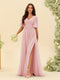 A-Line V-Neck Half Sleeves Split Side Chiffon Bridesmaid Dresses With Pockets