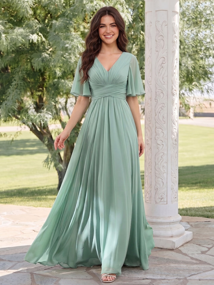 A-Line V-Neck Half Sleeves Split Side Chiffon Wedding Guest Dresses With Pockets