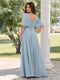 A-Line V-Neck Half Sleeves Split Side Chiffon Wedding Guest Dresses With Pockets