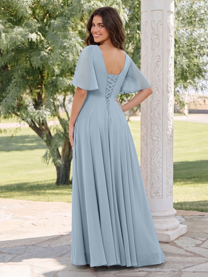 A-Line V-Neck Half Sleeves Split Side Chiffon Wedding Guest Dresses With Pockets
