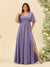 A-Line V-Neck Half Sleeves Plus Size Chiffon Bridesmaid Dresses With Split Side