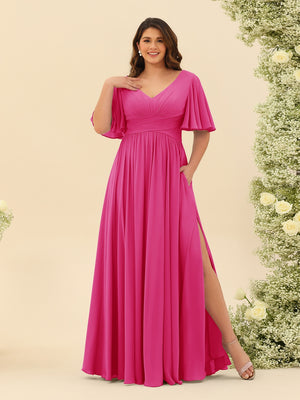 hot pink bridesmaid dresses with sleeves Hot Pink Lace Chiffon Bridesmaid Dresses Pleats Floor Length Bridesmaid Gowns ARD2468