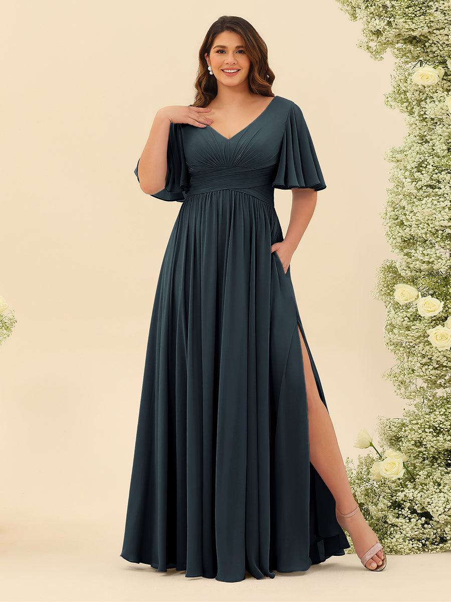 A-Line V-Neck Half Sleeves Plus Size Chiffon Bridesmaid Dresses With Split Side