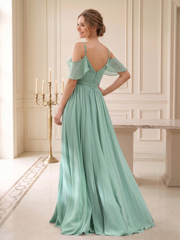 A-Line V-Neck Spaghetti Straps Chiffon Wedding Guest Dresses with Pockets