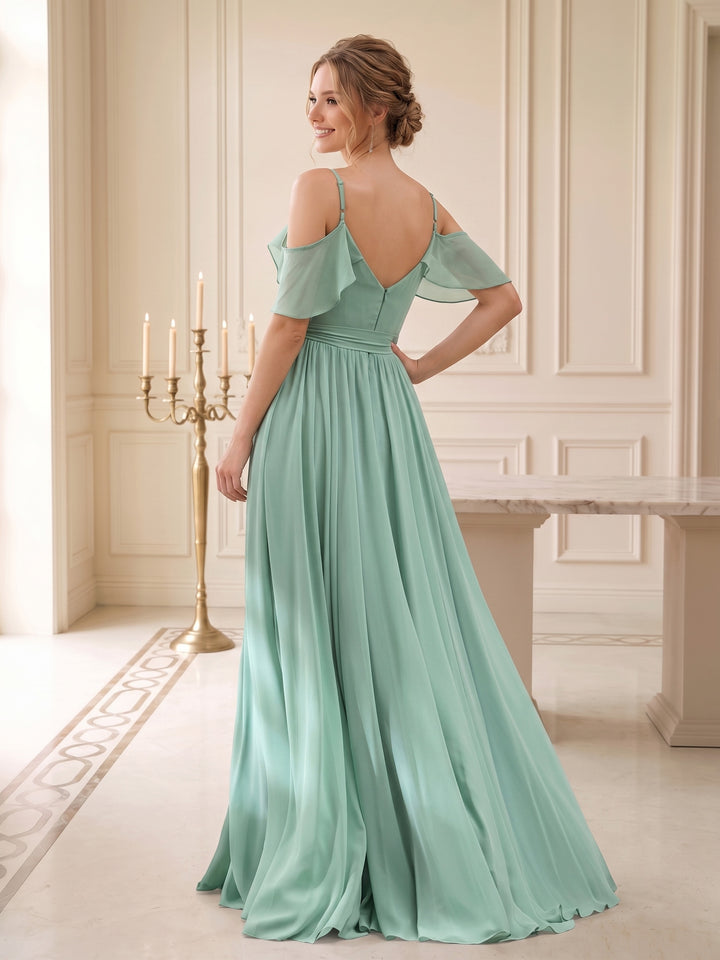 A-Line V-Neck Spaghetti Straps Chiffon Wedding Guest Dresses with Pockets