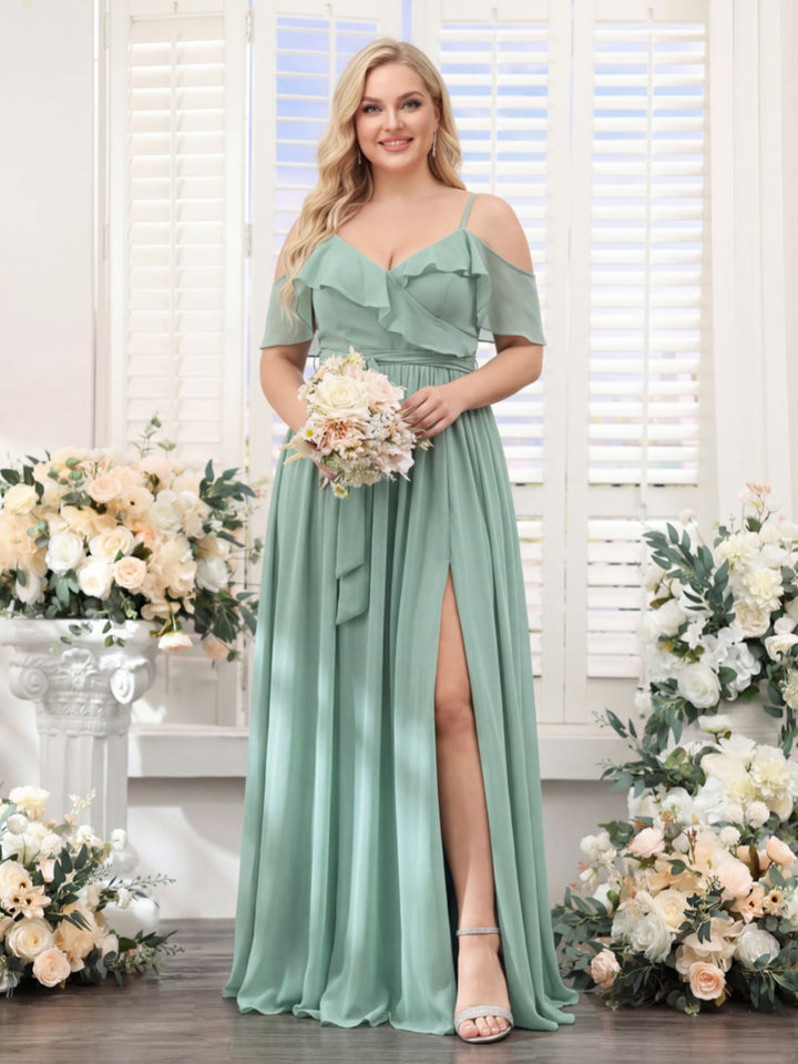 A-Line V-Neck Spaghetti Straps Chiffon Plus Size Bridesmaid Dresses with Pockets