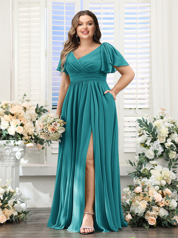 A-Line V-Neck Short Sleeves Split Side Chiffon Plus Size Bridesmaid Dresses with Pockets