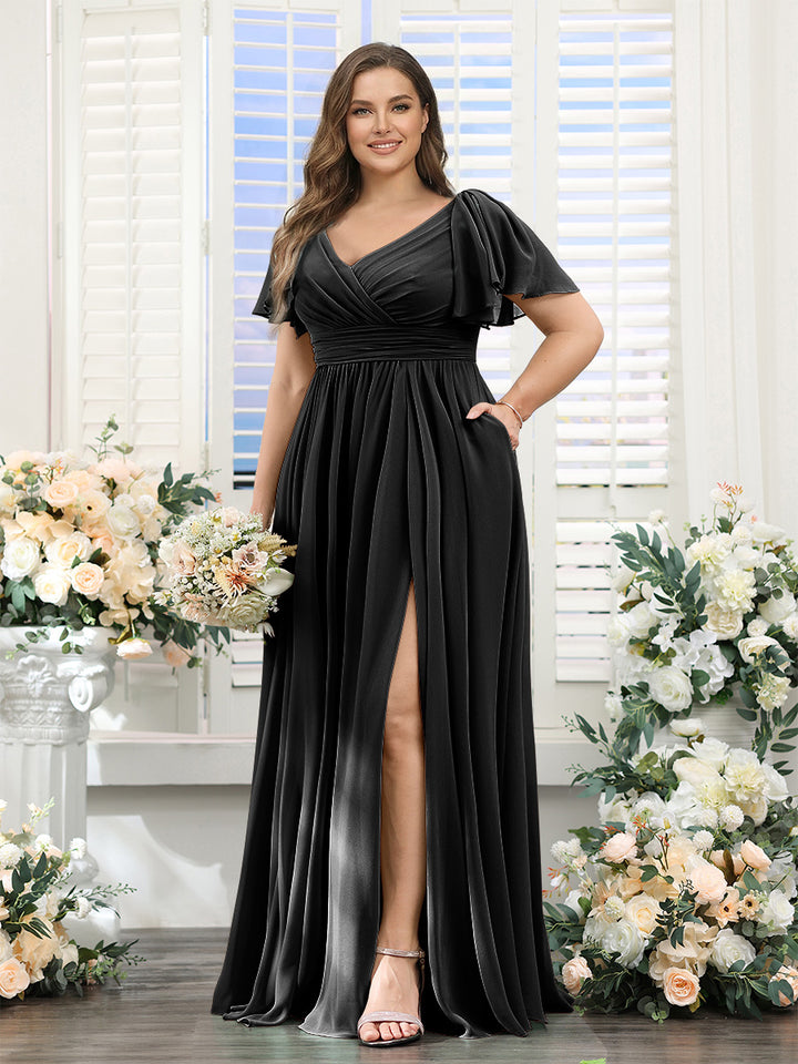 A-Line V-Neck Short Sleeves Split Side Chiffon Plus Size Bridesmaid Dresses with Pockets