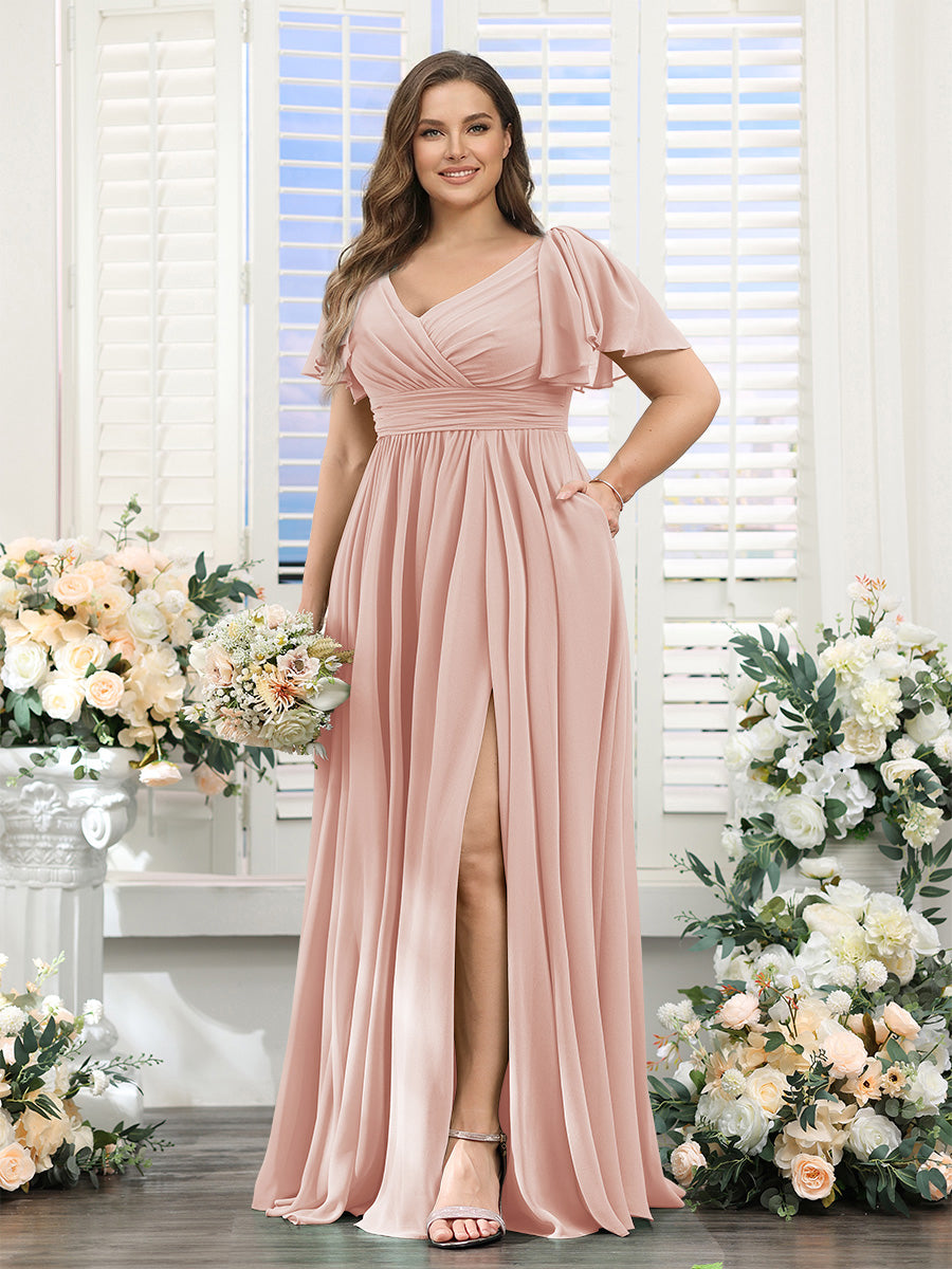 A-Line V-Neck Short Sleeves Split Side Chiffon Plus Size Bridesmaid Dresses with Pockets