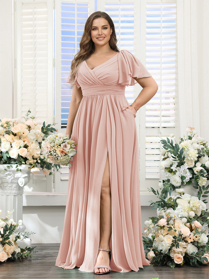 A-Line V-Neck Short Sleeves Split Side Chiffon Plus Size Bridesmaid Dresses with Pockets