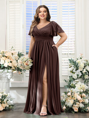 A-Line V-Neck Short Sleeves Split Side Chiffon Plus Size Bridesmaid Dresses with Pockets