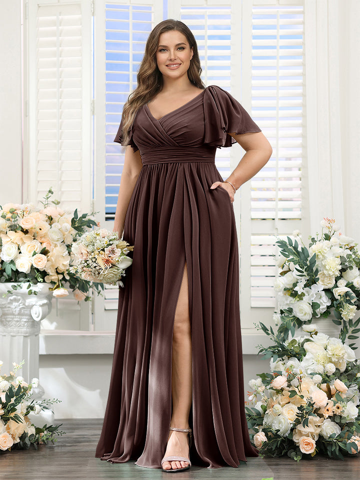A-Line V-Neck Short Sleeves Split Side Chiffon Plus Size Bridesmaid Dresses with Pockets