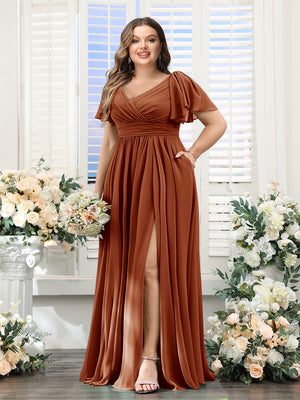 A-Line V-Neck Short Sleeves Split Side Chiffon Plus Size Bridesmaid Dresses with Pockets