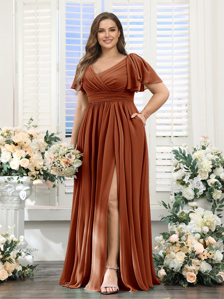 A-Line V-Neck Short Sleeves Split Side Chiffon Plus Size Bridesmaid Dresses with Pockets