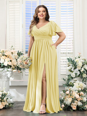 A-Line V-Neck Short Sleeves Split Side Chiffon Plus Size Bridesmaid Dresses with Pockets