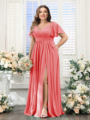 A-Line V-Neck Short Sleeves Split Side Chiffon Plus Size Bridesmaid Dresses with Pockets
