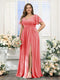 A-Line V-Neck Short Sleeves Split Side Chiffon Plus Size Bridesmaid Dresses with Pockets