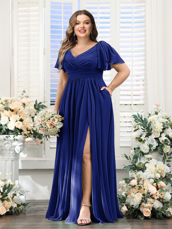 A-Line V-Neck Short Sleeves Split Side Chiffon Plus Size Bridesmaid Dresses with Pockets