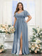 A-Line V-Neck Short Sleeves Split Side Chiffon Plus Size Bridesmaid Dresses with Pockets