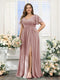 A-Line V-Neck Short Sleeves Split Side Chiffon Plus Size Bridesmaid Dresses with Pockets