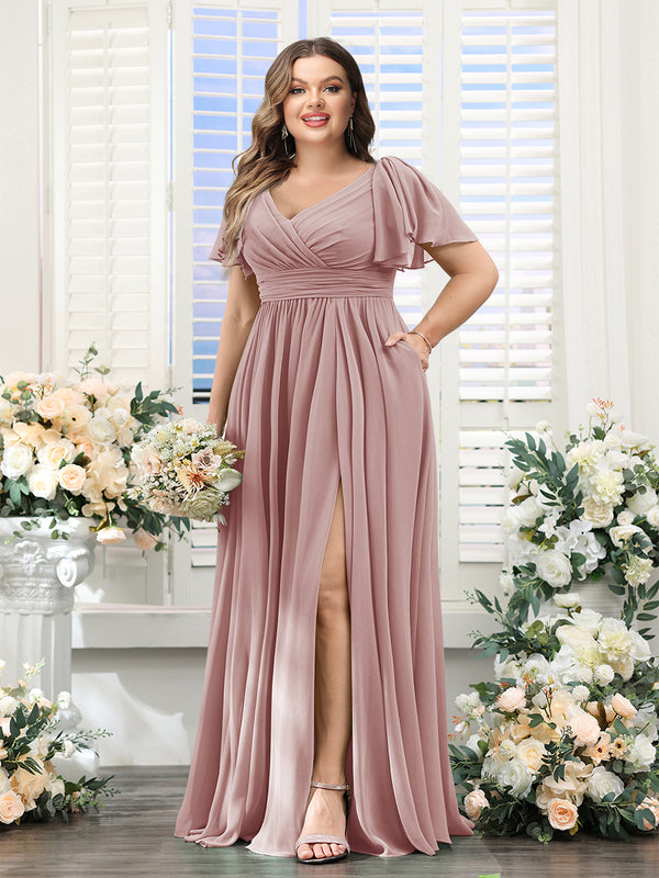 A-Line V-Neck Short Sleeves Split Side Chiffon Plus Size Bridesmaid Dresses with Pockets