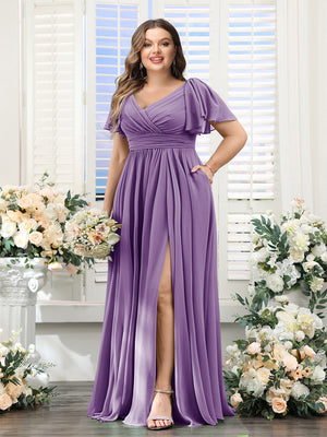 A-Line V-Neck Short Sleeves Split Side Chiffon Plus Size Bridesmaid Dresses with Pockets