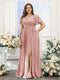 A-Line V-Neck Short Sleeves Split Side Chiffon Plus Size Bridesmaid Dresses with Pockets
