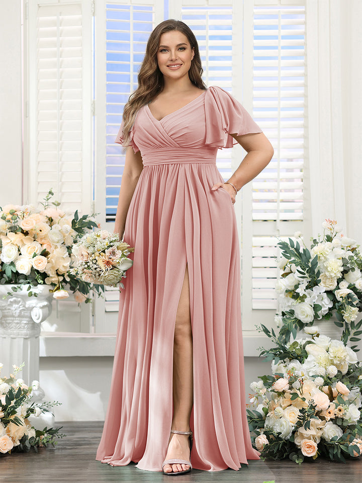 A-Line V-Neck Short Sleeves Split Side Chiffon Plus Size Bridesmaid Dresses with Pockets