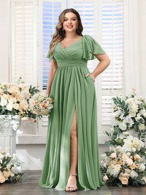A-Line V-Neck Short Sleeves Split Side Chiffon Plus Size Bridesmaid Dresses with Pockets