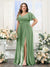 A-Line V-Neck Short Sleeves Split Side Chiffon Plus Size Bridesmaid Dresses with Pockets