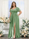 A-Line V-Neck Short Sleeves Split Side Chiffon Plus Size Bridesmaid Dresses with Pockets