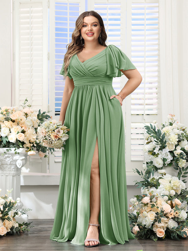 A-Line V-Neck Short Sleeves Split Side Chiffon Plus Size Bridesmaid Dresses with Pockets