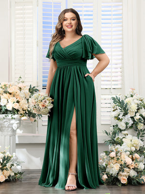 A-Line V-Neck Short Sleeves Split Side Chiffon Plus Size Bridesmaid Dresses with Pockets