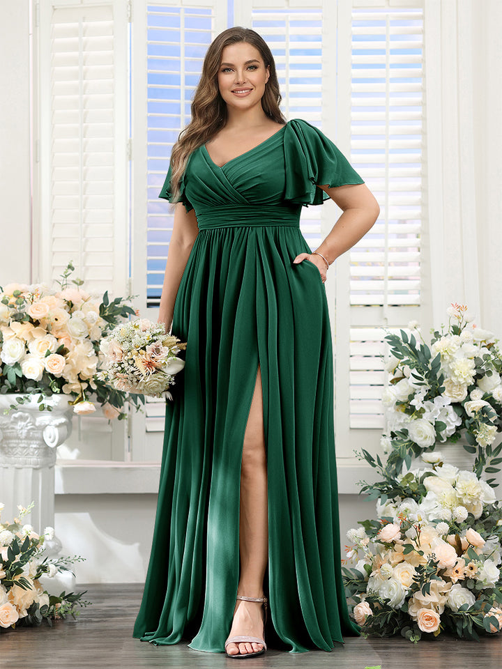A-Line V-Neck Short Sleeves Split Side Chiffon Plus Size Bridesmaid Dresses with Pockets