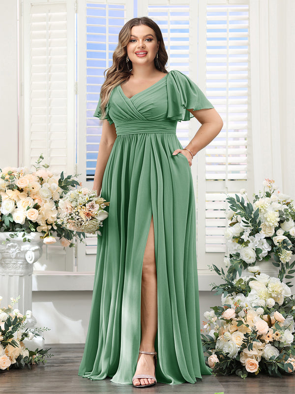 A-Line V-Neck Short Sleeves Split Side Chiffon Plus Size Bridesmaid Dresses with Pockets