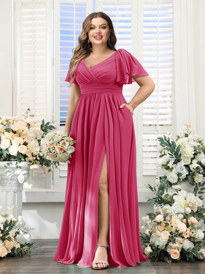 A-Line V-Neck Short Sleeves Split Side Chiffon Plus Size Bridesmaid Dresses with Pockets
