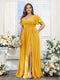 A-Line V-Neck Short Sleeves Split Side Chiffon Plus Size Bridesmaid Dresses with Pockets