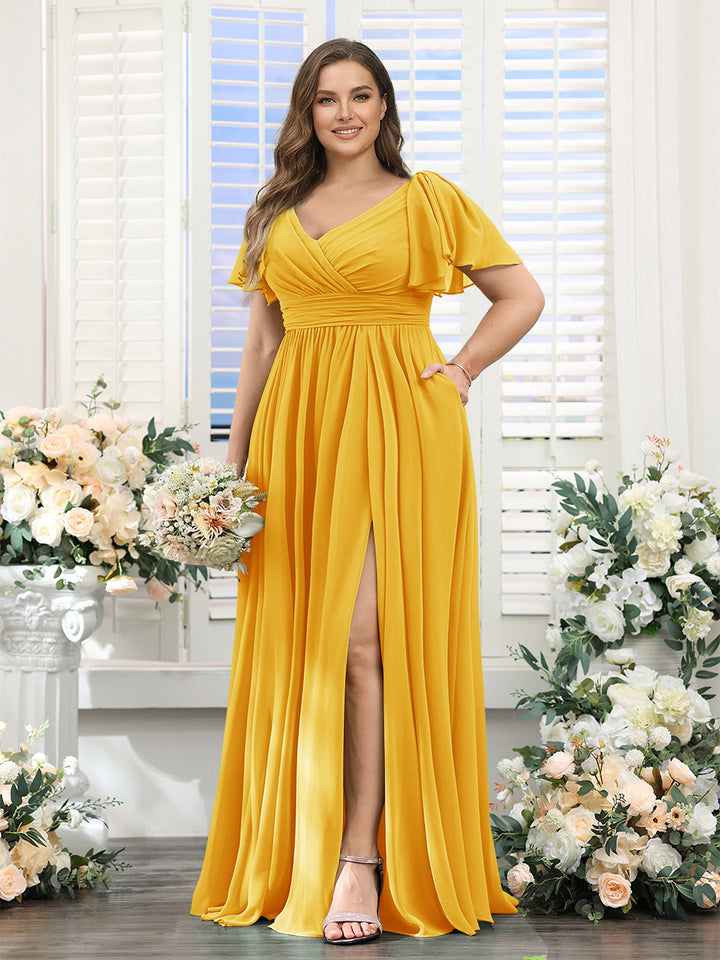 A-Line V-Neck Short Sleeves Split Side Chiffon Plus Size Bridesmaid Dresses with Pockets