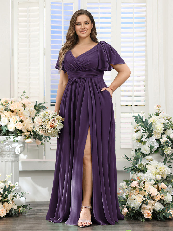 A-Line V-Neck Short Sleeves Split Side Chiffon Plus Size Bridesmaid Dresses with Pockets
