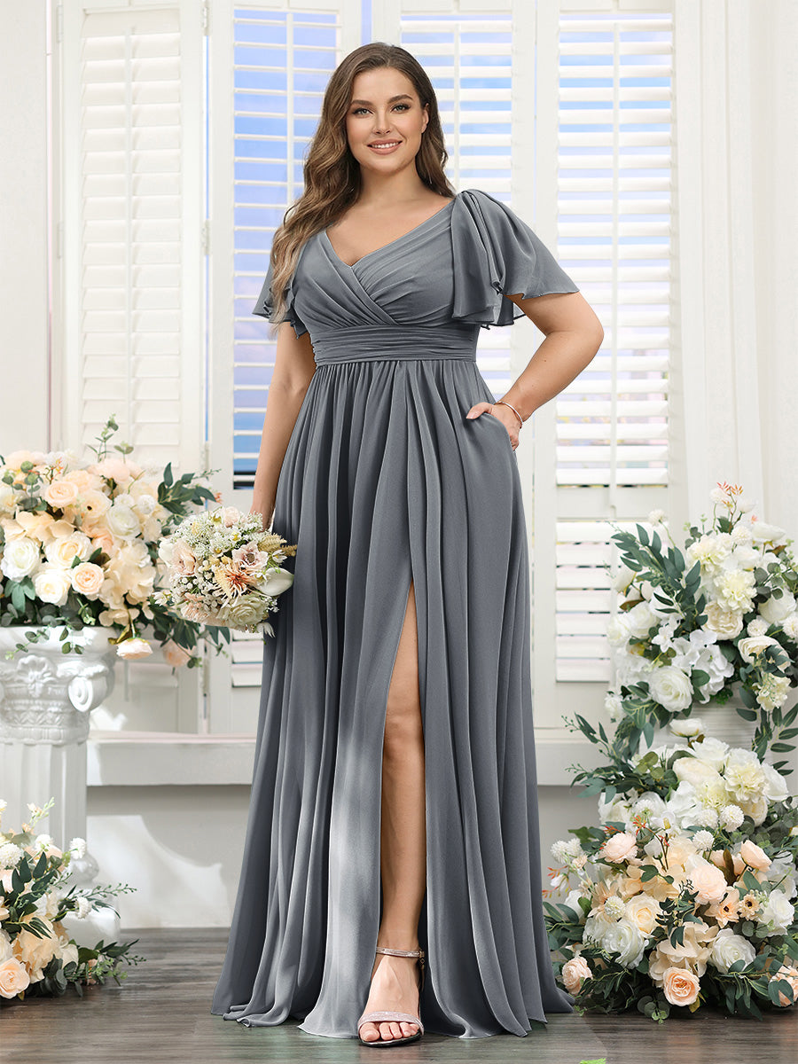 A-Line V-Neck Short Sleeves Split Side Chiffon Plus Size Bridesmaid Dresses with Pockets