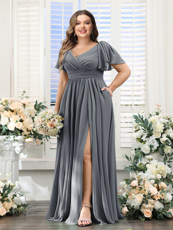 A-Line V-Neck Short Sleeves Split Side Chiffon Plus Size Bridesmaid Dresses with Pockets