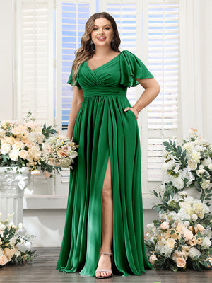 A-Line V-Neck Short Sleeves Split Side Chiffon Plus Size Bridesmaid Dresses with Pockets