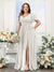 A-Line V-Neck Short Sleeves Split Side Chiffon Plus Size Bridesmaid Dresses with Pockets
