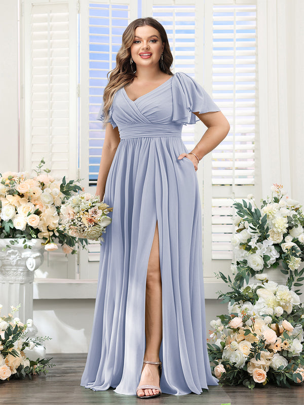 A-Line V-Neck Short Sleeves Split Side Chiffon Plus Size Bridesmaid Dresses with Pockets