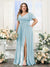 A-Line V-Neck Short Sleeves Split Side Chiffon Plus Size Bridesmaid Dresses with Pockets