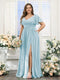 A-Line V-Neck Short Sleeves Split Side Chiffon Plus Size Bridesmaid Dresses with Pockets