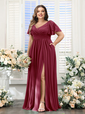 A-Line V-Neck Short Sleeves Split Side Chiffon Plus Size Bridesmaid Dresses with Pockets