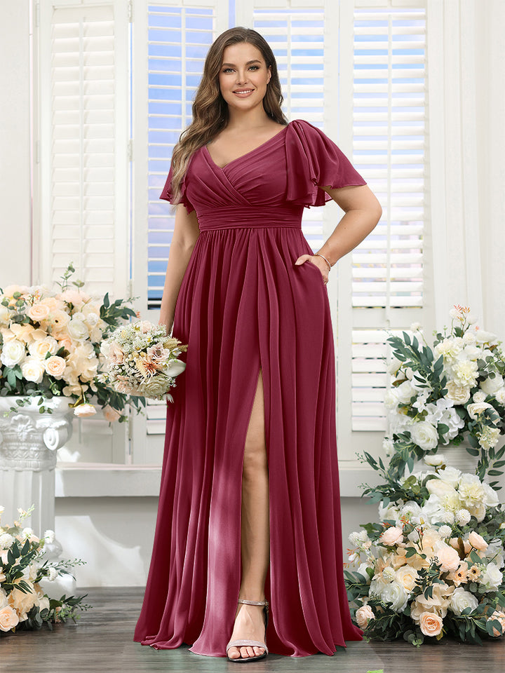 A-Line V-Neck Short Sleeves Split Side Chiffon Plus Size Bridesmaid Dresses with Pockets